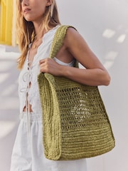 Khaki Green Straw Shoulder Bag - Image 3 of 9