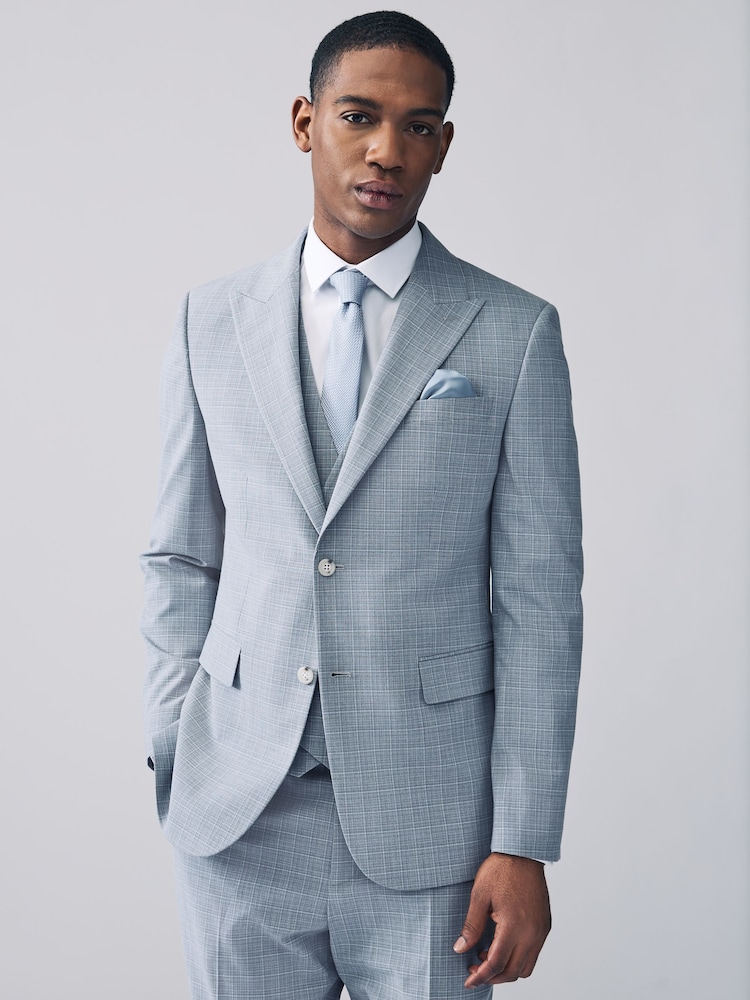 Light Blue Slim Fit Check Suit Jacket - Image 1 of 10