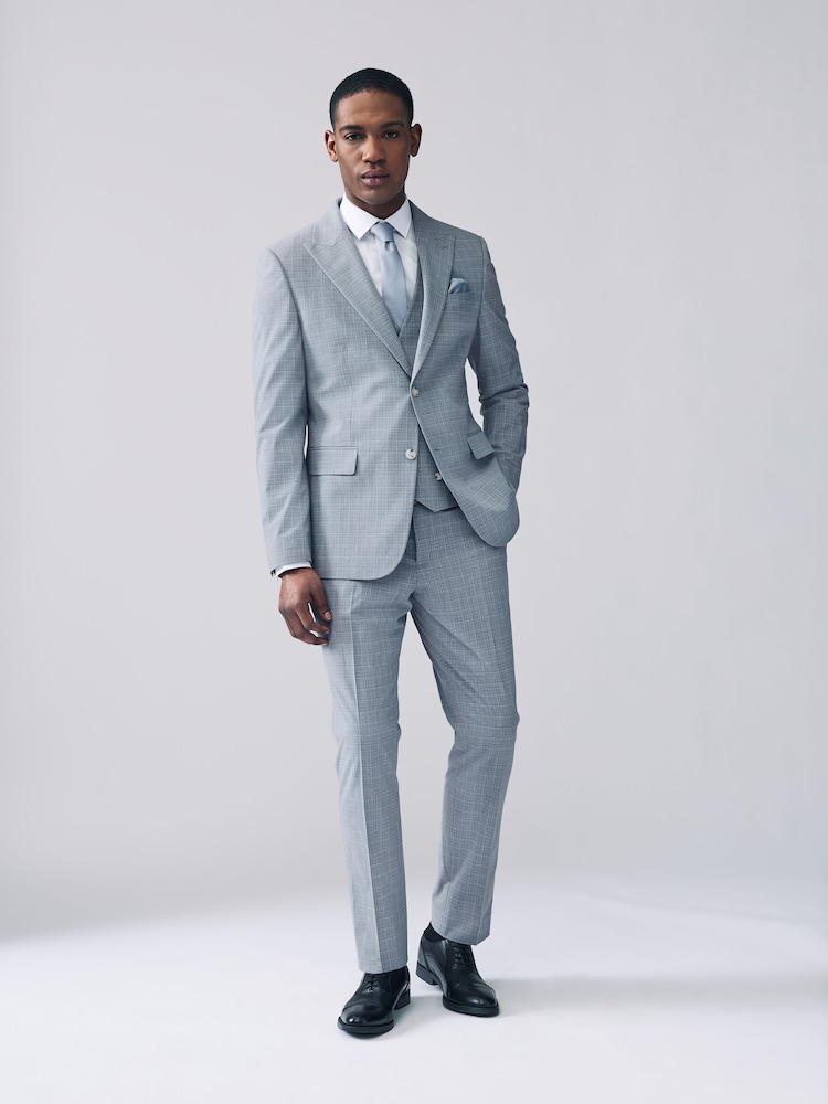 Light Blue Slim Fit Check Suit Jacket - Image 2 of 10