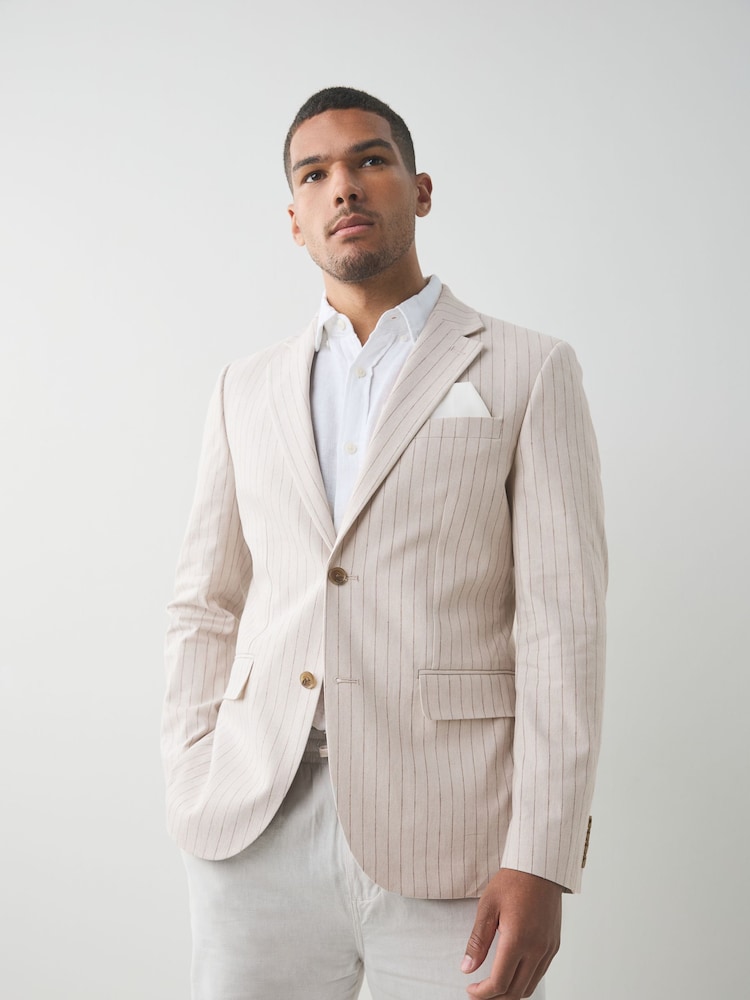 Neutral Slim Fit Striped Linen Blend Suit Jacket - Image 1 of 5