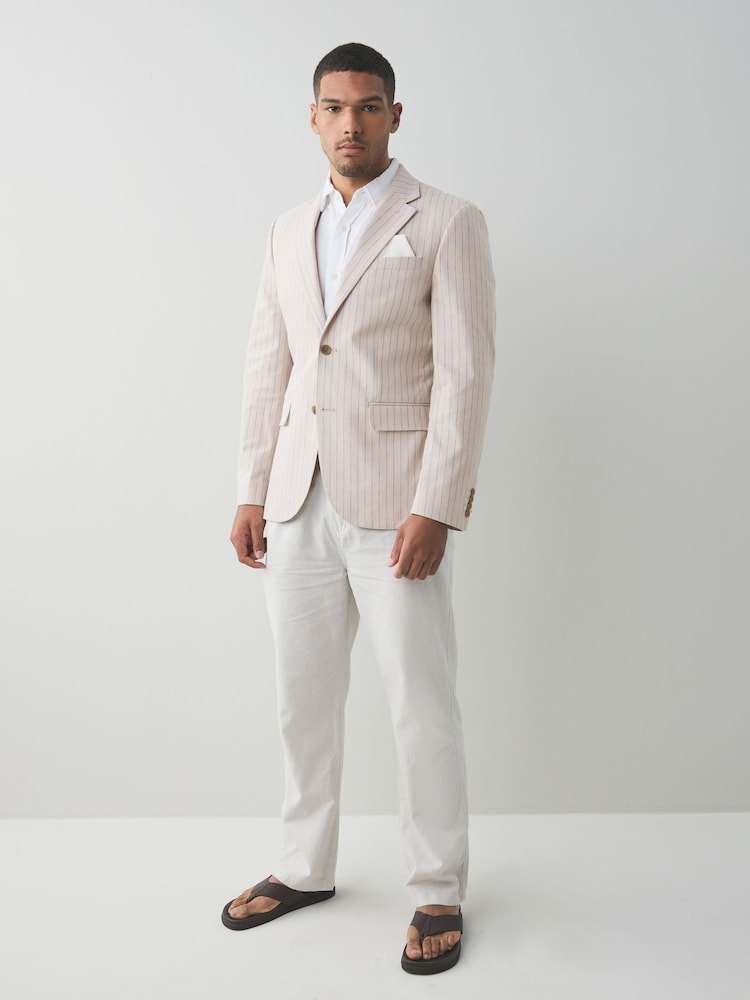Neutral Slim Fit Striped Linen Blend Suit Jacket - Image 2 of 5