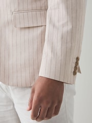 Neutral Slim Fit Striped Linen Blend Suit Jacket - Image 5 of 5