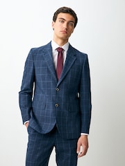 Azul marino - Linen Blend Check Slim Suit Jacket - Imagen 1 de 8