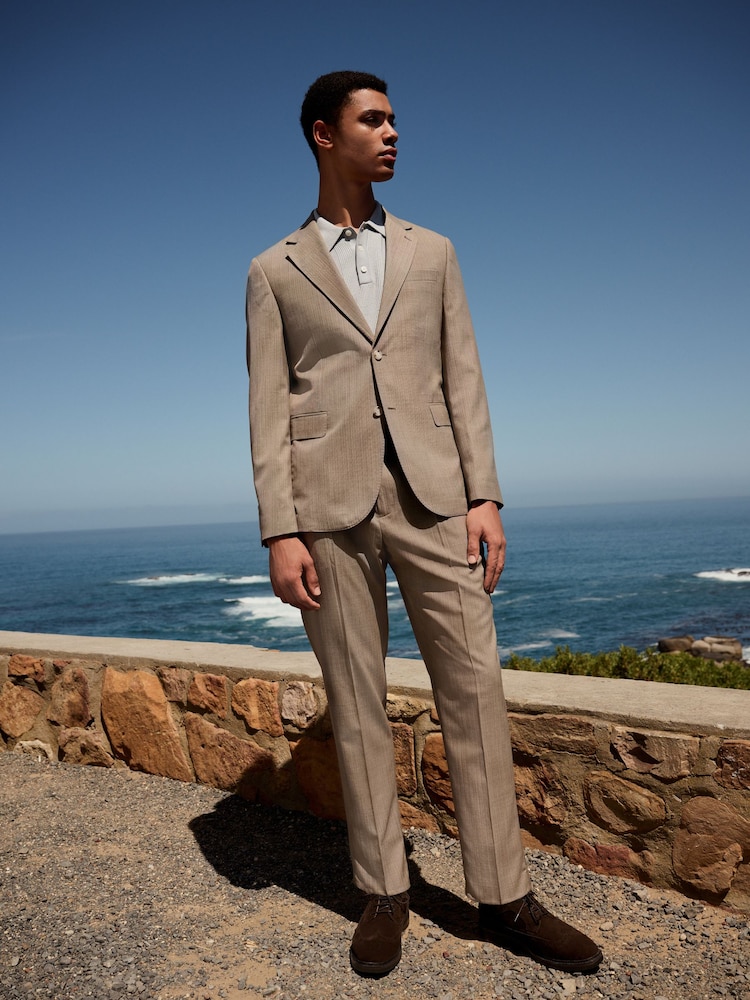 Taupe (Taupe) - Slim Striped Herringbone Suit Jacket - Image 2 of 11