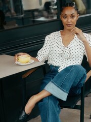Albaray Cream Spot Short Sleeve Tie Top - Image 1 of 5