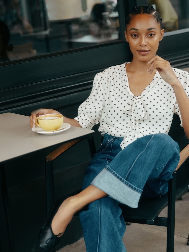Albaray Cream Spot Short Sleeve Tie Top - Image 1 of 5