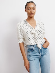 Albaray Cream Spot Short Sleeve Tie Top - Image 4 of 5
