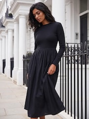 Noir - Roman Peignoir mi-long en jersey de coton extensible - Image 1 de 4