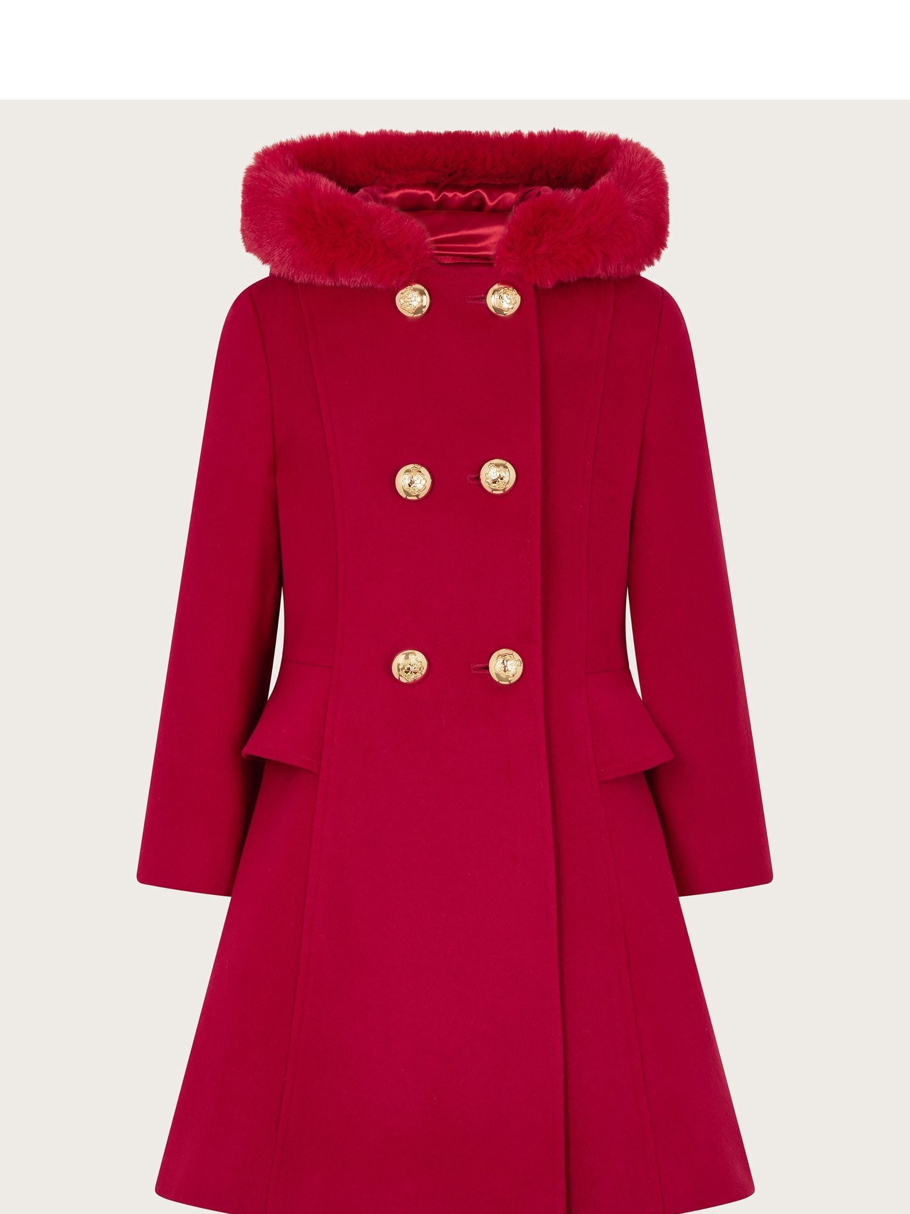 Monsoon Red Double Breasted Faux Fur Hooded Coat