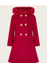 Monsoon Red Double Breasted Faux Fur Hooded Coat - Image 1 of 3