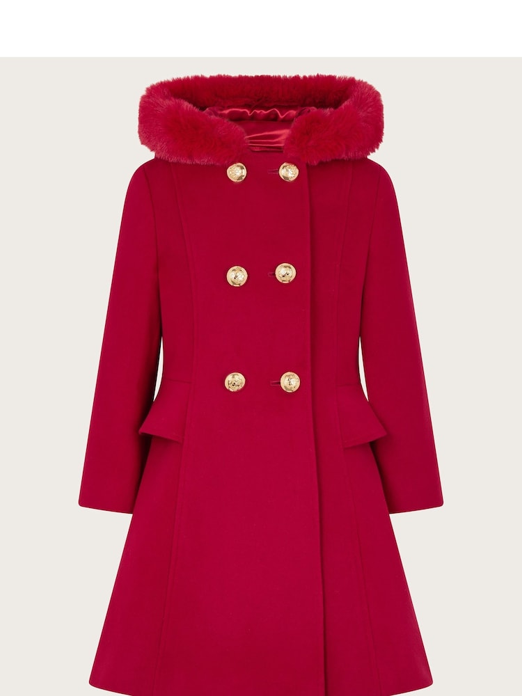 Monsoon Red Double Breasted Faux Fur Hooded Coat - Image 1 of 3