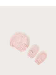 Monsoon Pink Baby Flower Hat And Mittens Set - Image 1 of 2