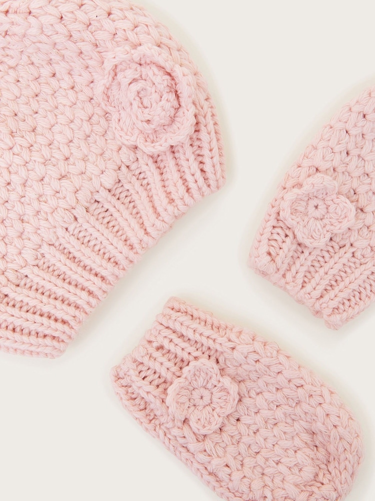 Monsoon Pink Baby Flower Hat And Mittens Set - Image 2 of 2
