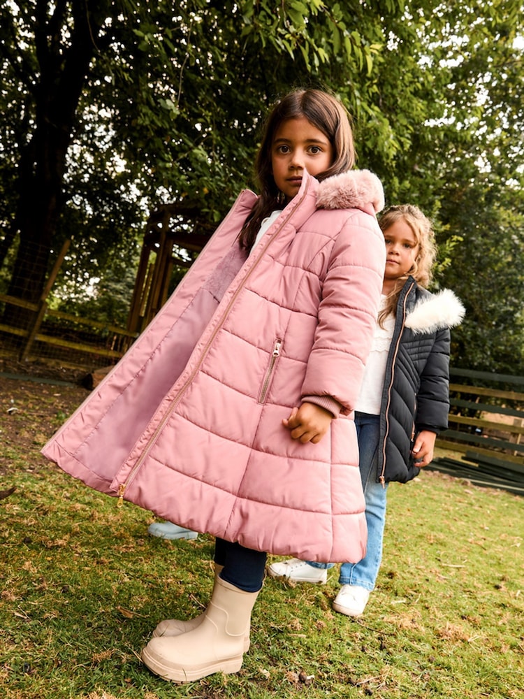 Monsoon Pink Faux Fur Trim Hooded Puffer Coat - Image 1 of 4