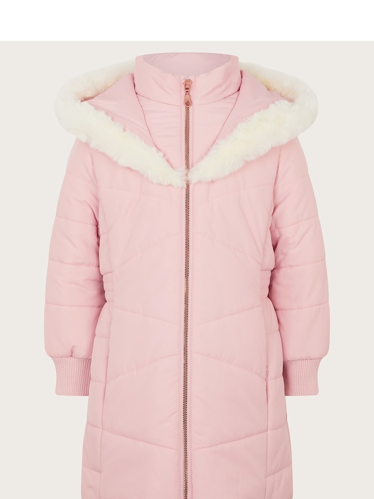 Monsoon Pink Faux Fur Trim Hooded Puffer Coat - Image 2 of 4