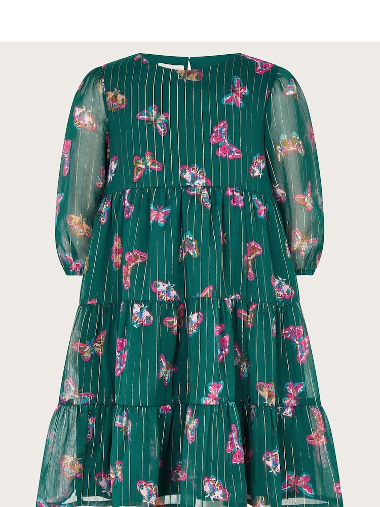 Monsoon Green Metallic Stripe Butterfly Tiered Dress - Image 2 of 4