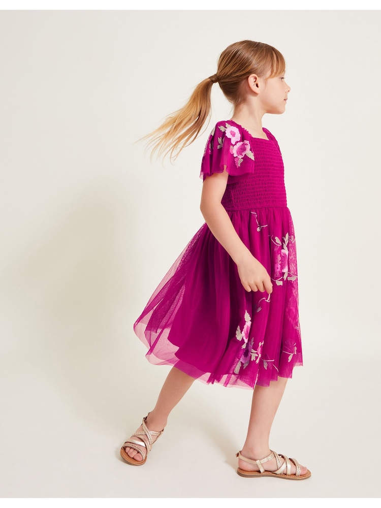 Monsoon Pink April Shirred Embroidered Dress - Image 1 of 4