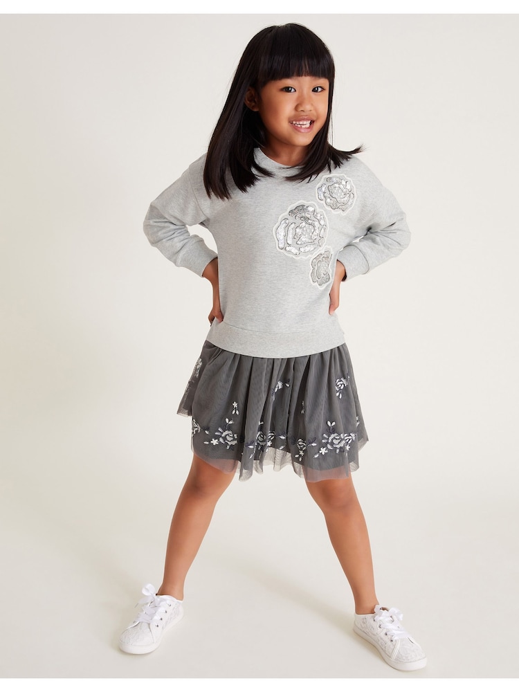 Monsoon Grey Rose Embellished 2-in-1 Sweatshirt Dress - Image 1 of 4