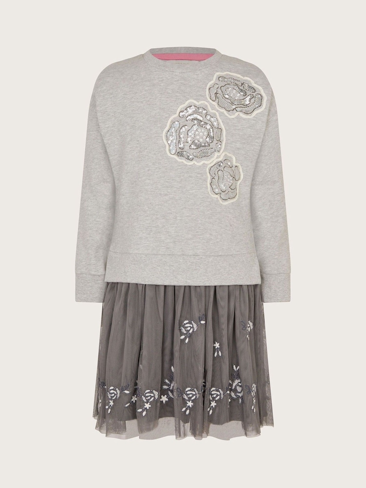 Monsoon Grey Rose Embellished 2-in-1 Sweatshirt Dress - Image 2 of 4