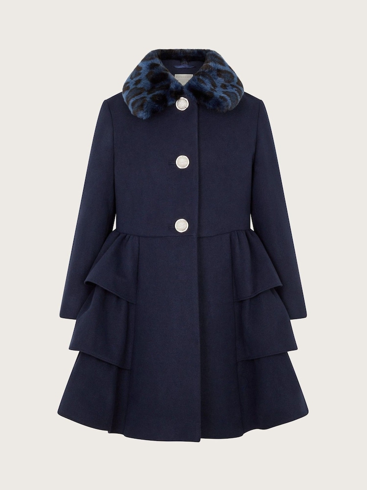 Monsoon Blue Faux Fur Collar Peplum Coat - Image 1 of 4
