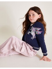 Monsoon Blue Sequin Unicorn Quilted Bomber Jacket - Image 1 of 7