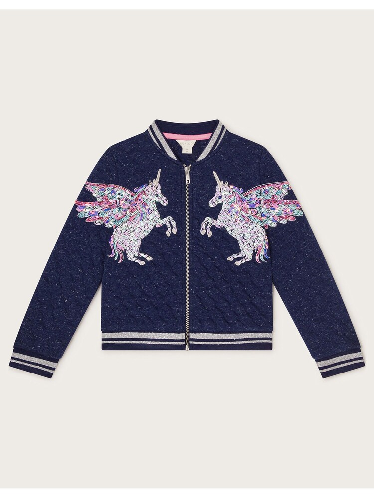 Monsoon Blue Sequin Unicorn Quilted Bomber Jacket - Image 2 of 7