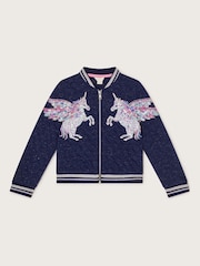 Monsoon Blue Sequin Unicorn Quilted Bomber Jacket - Image 4 of 7