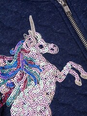 Monsoon Blue Sequin Unicorn Quilted Bomber Jacket - Image 6 of 7