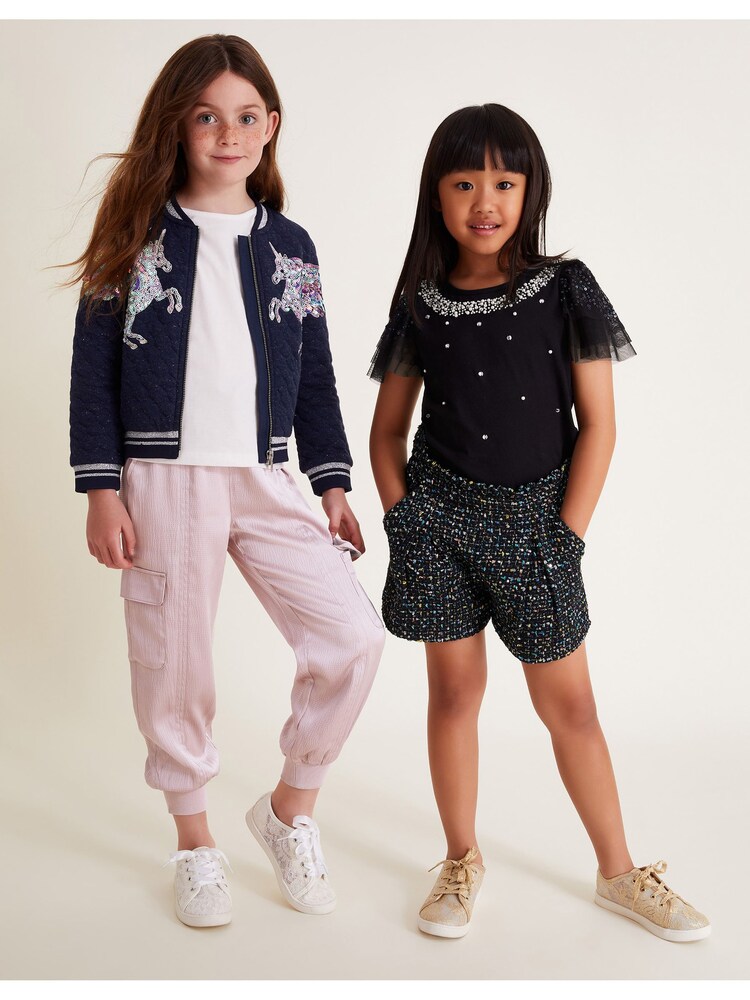 Monsoon Blue Sequin Unicorn Quilted Bomber Jacket - Image 7 of 7