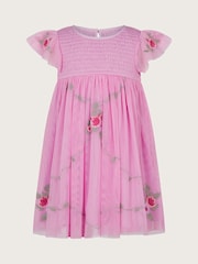 Monsoon Pink Baby April Shirred Embroidered Dress - Image 1 of 3
