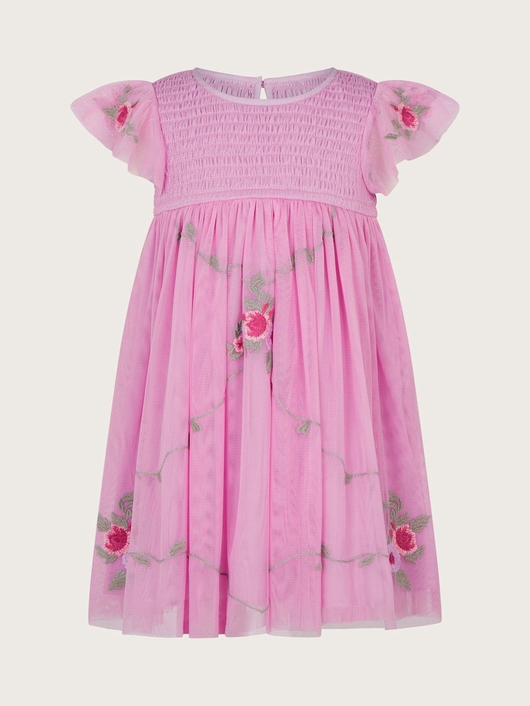 Monsoon Pink Baby April Shirred Embroidered Dress - Image 1 of 3