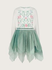 Monsoon Green Floral Embellished Tulle Long Sleeve Disco Dress - Image 1 of 3