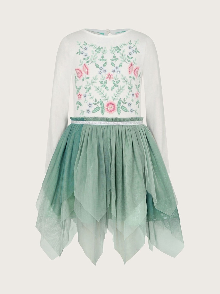 Monsoon Green Floral Embellished Tulle Long Sleeve Disco Dress - Image 1 of 3