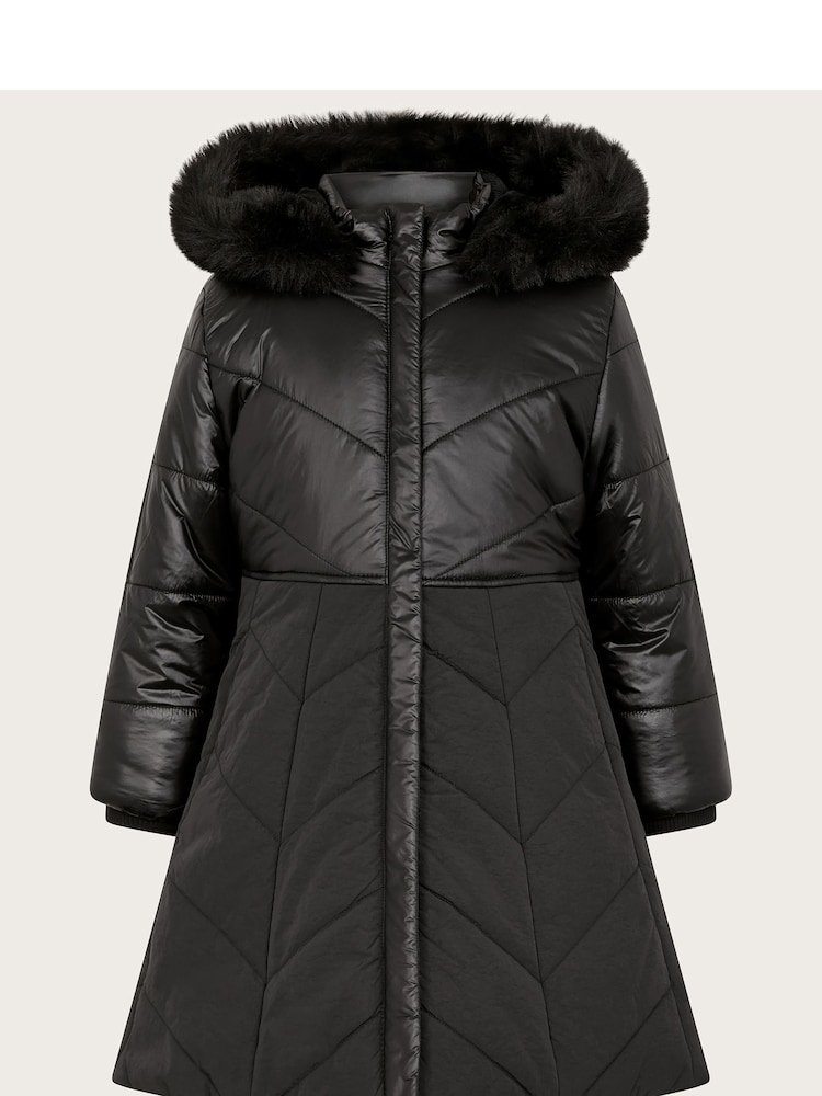 Monsoon Black Faux Fur Hooded A-Line Puffer Coat - Image 1 of 3