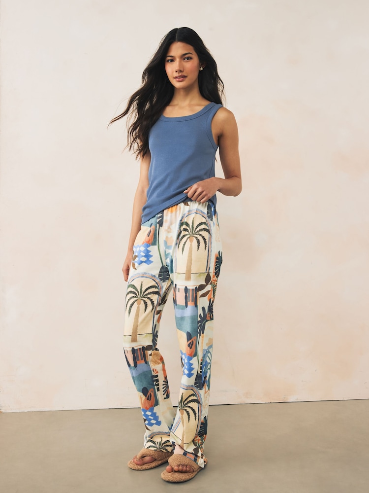 Blau mit Palmen - Pyjama mit geripptem Trägertop - Bild 2 von 8 Blau mit Palmen - Pyjama mit geripptem Trägertop - Bild 2 von 8