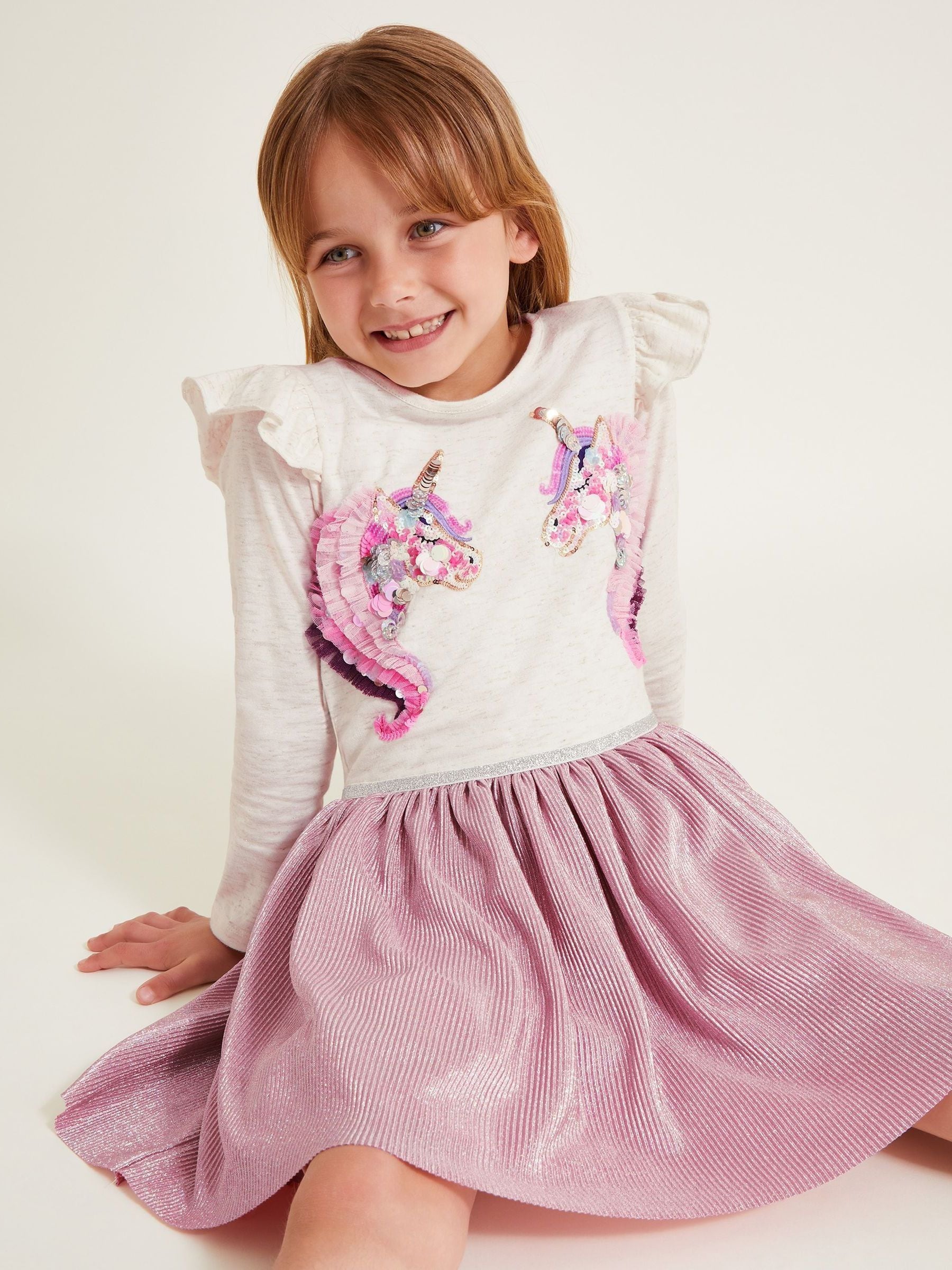 Buy Monsoon Pink Unicorn Metallic Long Sleeve Disco Dress from Next Luxembourg