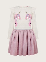 Monsoon Pink Unicorn Metallic Long Sleeve Disco Dress - Image 2 of 4