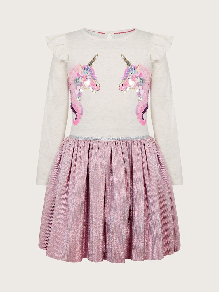 Monsoon Pink Unicorn Metallic Long Sleeve Disco Dress - Image 2 of 4