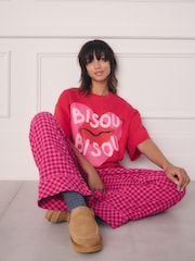 Pink Bisou Bisou 100% Cotton T-Shirt and Gingham Pyjamas Set - Image 4 of 6