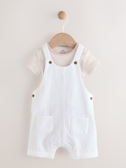 White/Neutral Baby Woven Dungaree and Striped Bodysuit Set (0mths-2yrs) - Image 1 of 10