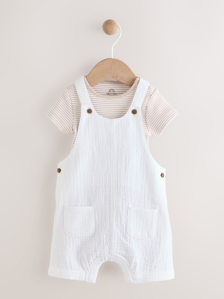 White/Neutral Baby Woven Dungaree and Striped Bodysuit Set (0mths-2yrs) - Image 1 of 10