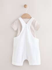 White/Neutral Baby Woven Dungaree and Striped Bodysuit Set (0mths-2yrs) - Image 2 of 10