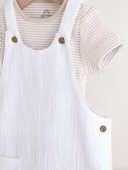 White/Neutral Baby Woven Dungaree and Striped Bodysuit Set (0mths-2yrs) - Image 4 of 10