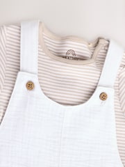 White/Neutral Baby Woven Dungaree and Striped Bodysuit Set (0mths-2yrs) - Image 5 of 10