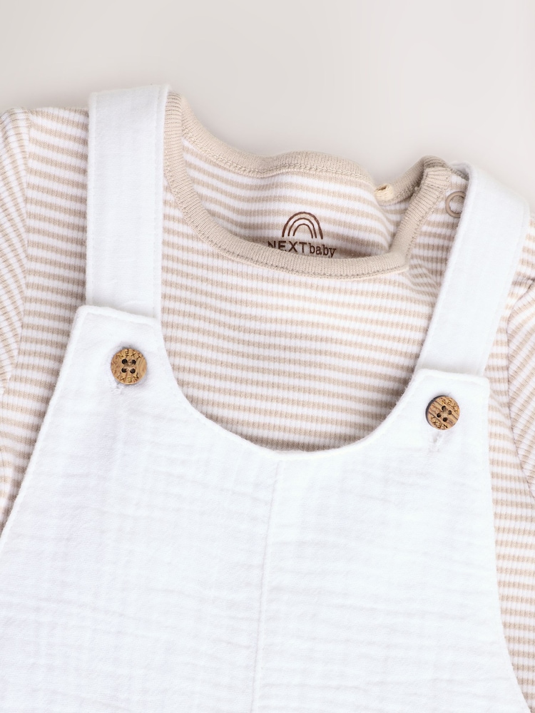 White/Neutral Baby Woven Dungaree and Striped Bodysuit Set (0mths-2yrs) - Image 5 of 10