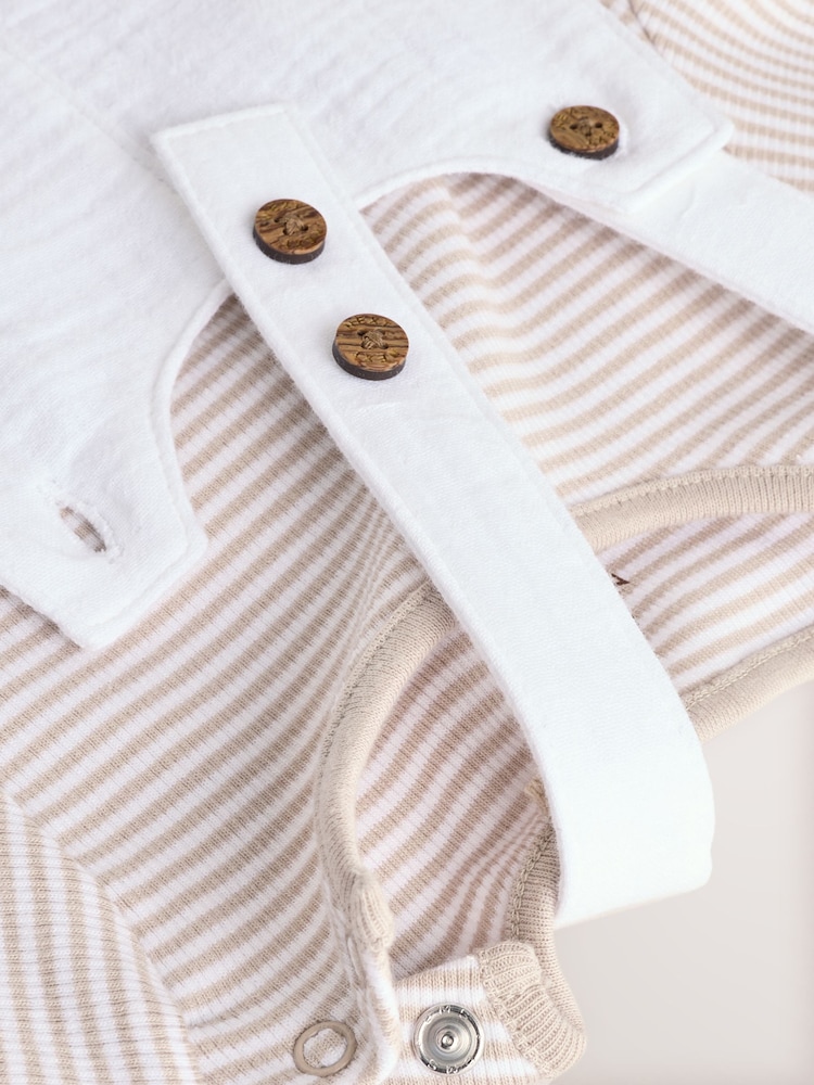 White/Neutral Baby Woven Dungaree and Striped Bodysuit Set (0mths-2yrs) - Image 6 of 10