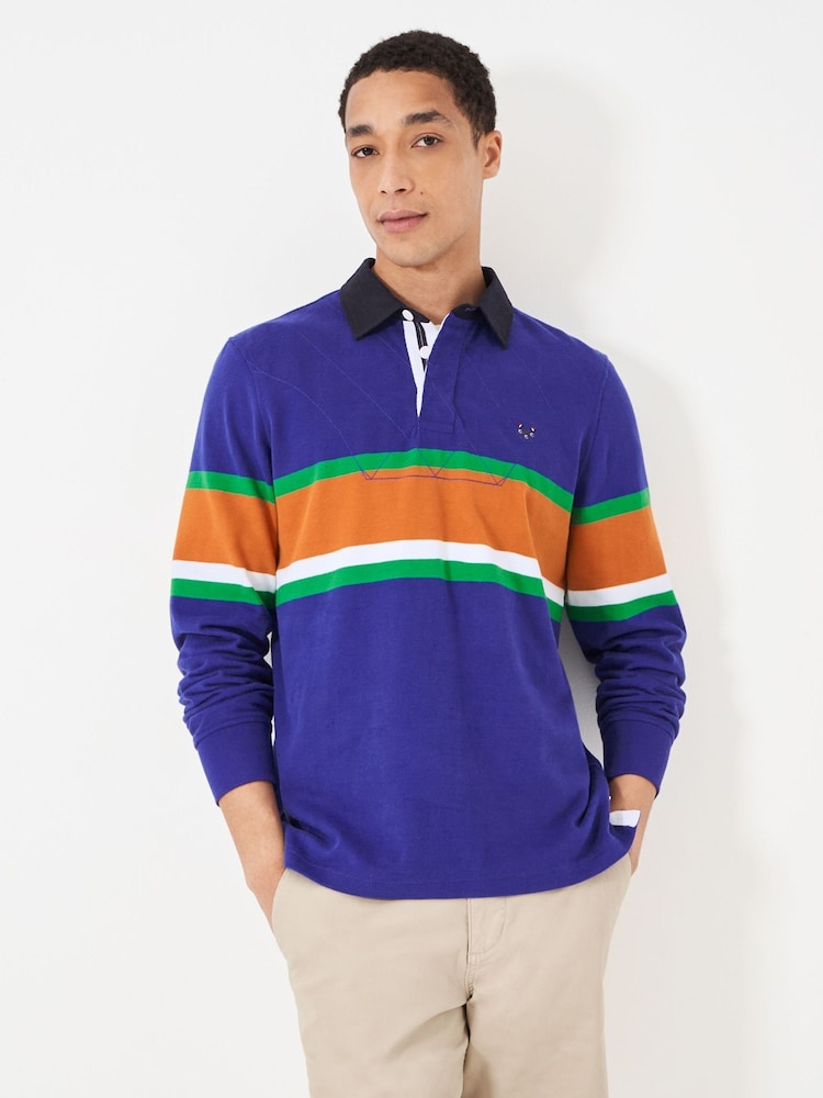 Crew Clothing Company Blue Long Sleeve Embroidered Stripe Rugby 100% Cotton Shirt - Image 2 of 5