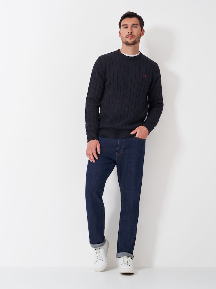 Crew Clothing Blue Grey 100% Cotton Oarsman Cable Knit Crew Neck Jumper - Image 1 of 5