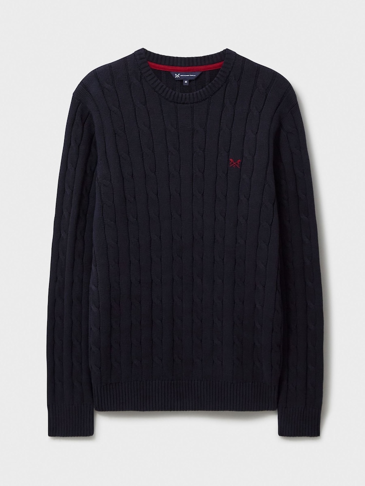 Crew Clothing Blue Grey 100% Cotton Oarsman Cable Knit Crew Neck Jumper - Image 5 of 5