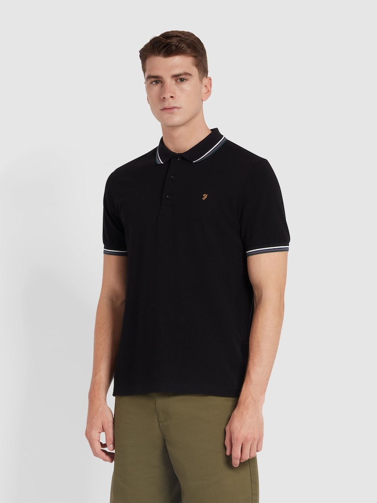 Farah Alvin Langärmeliges schwarzes Polo-Shirt mit Kragen mit Zierstreifen - Bild 1 von 5